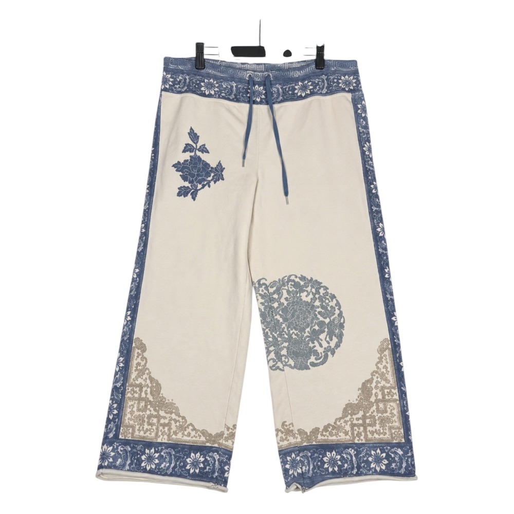 Vintage Lucky Brand Y2K Oriental Graphic Cropped Sweatpants Blue Cream XS